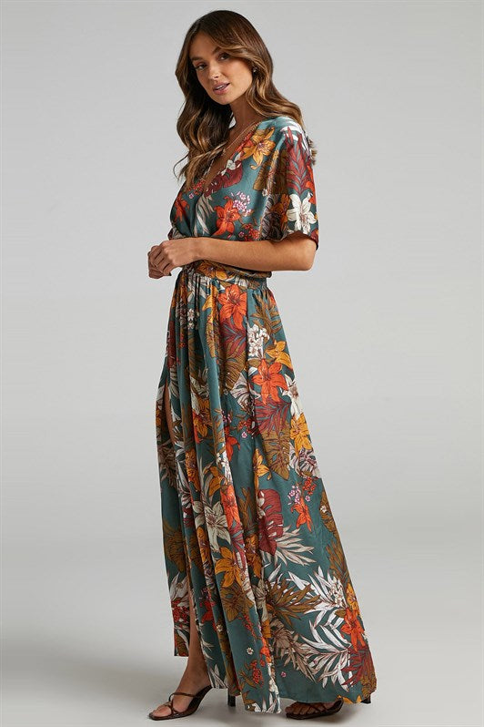 MDX Green Patterned Slit Detail Long Dress MG1698 - Montrouge