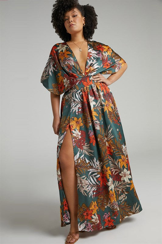 MDX Green Patterned Slit Detail Long Dress MG1698 - Montrouge