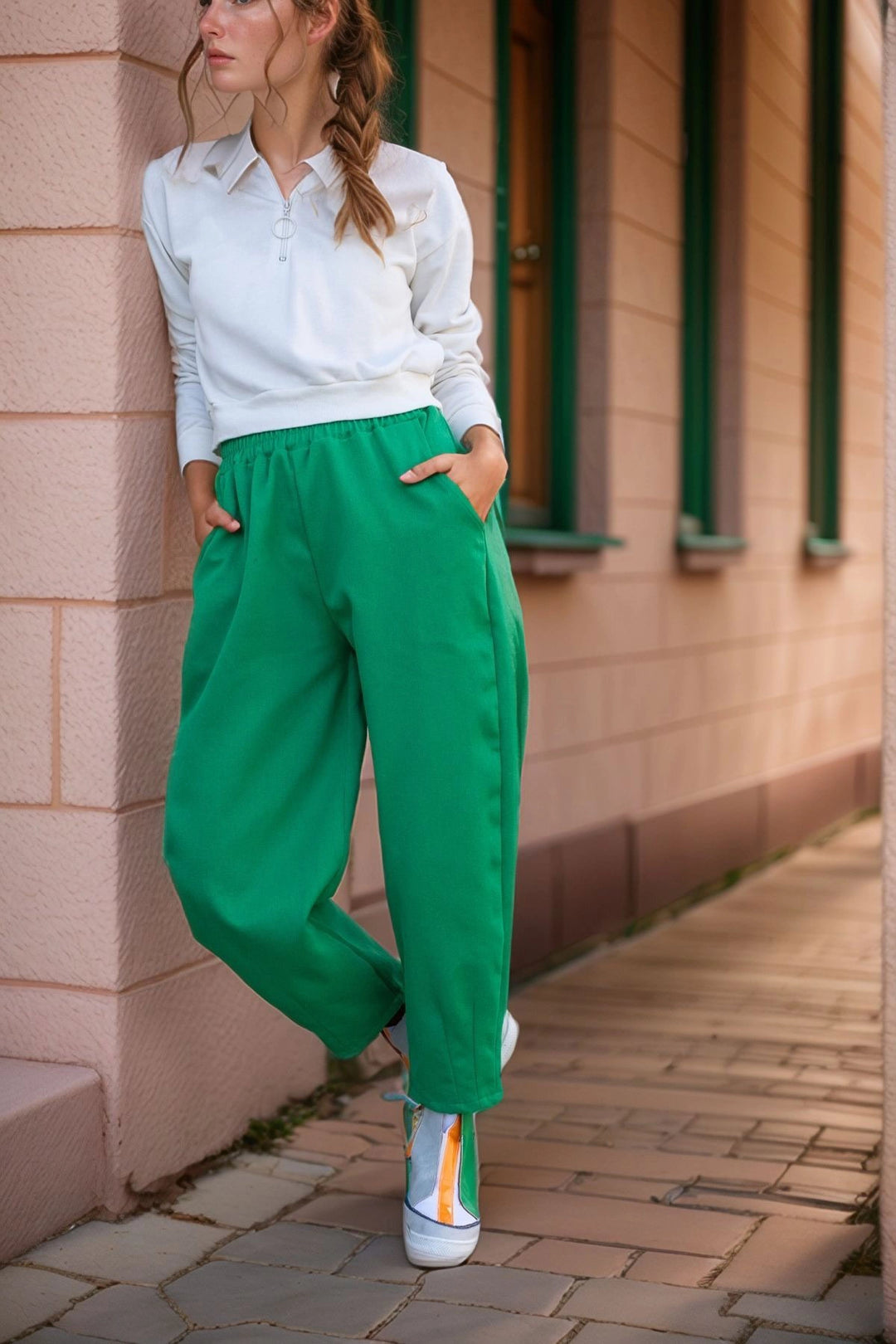 Green Gabardine Elastic Waist Loose Fit Pants BCBSK-25700-3475 - Bloomington