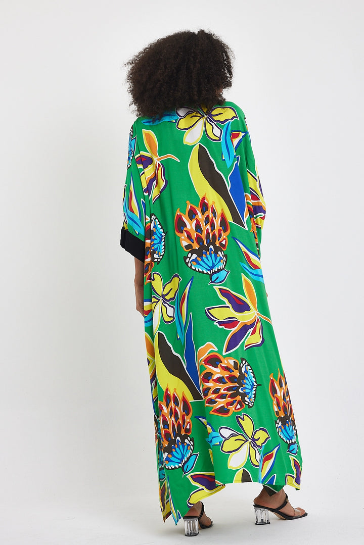 Maxi Boy Green Judge Collar Flower Patterned Long Length Woven Dress BCVL-24969 - League City