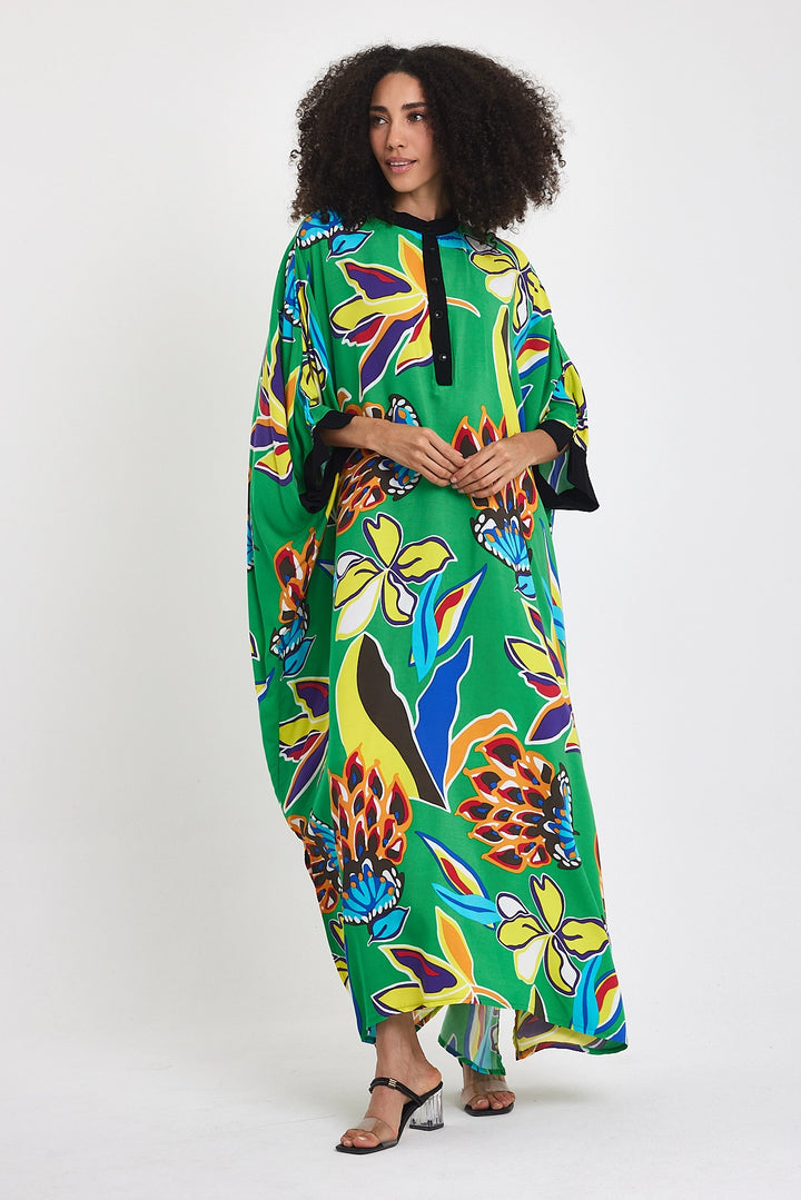 Maxi Boy Green Judge Collar Flower Patterned Long Length Woven Dress BCVL-24969 - League City
