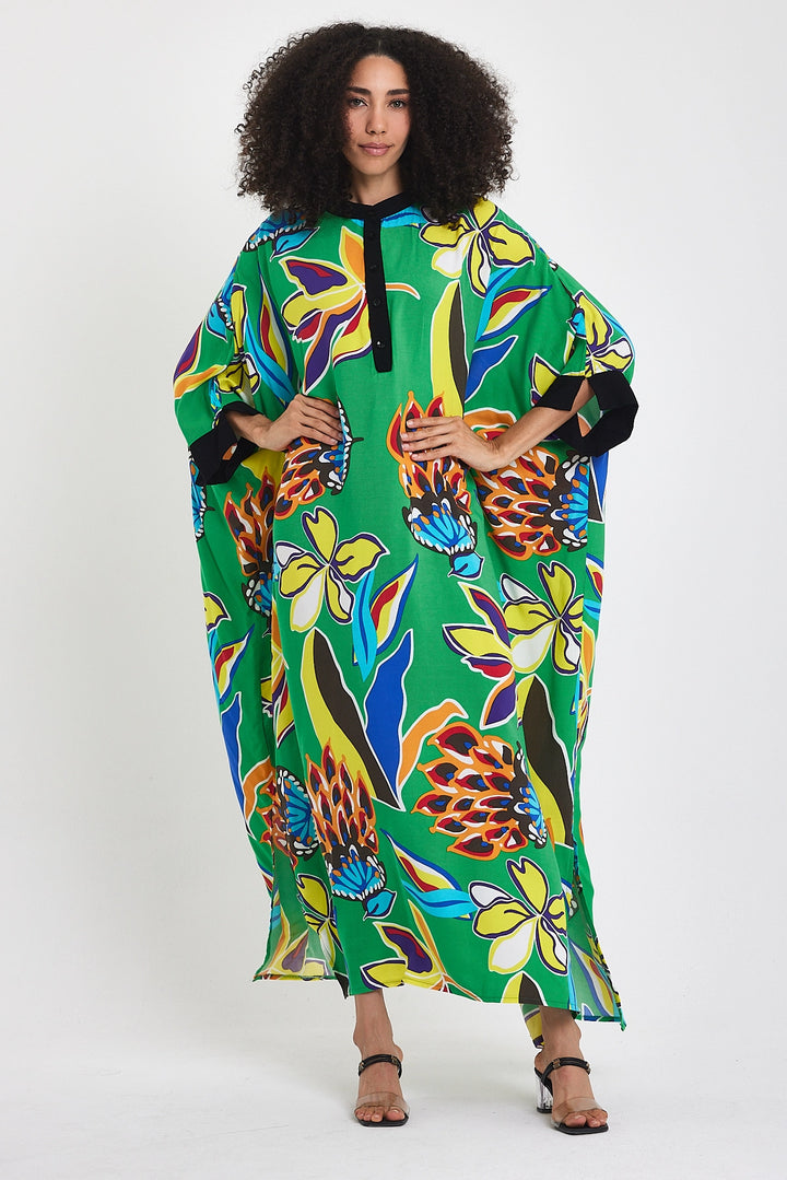 Maxi Boy Green Judge Collar Flower Patterned Long Length Woven Dress BCVL-24969 - League City