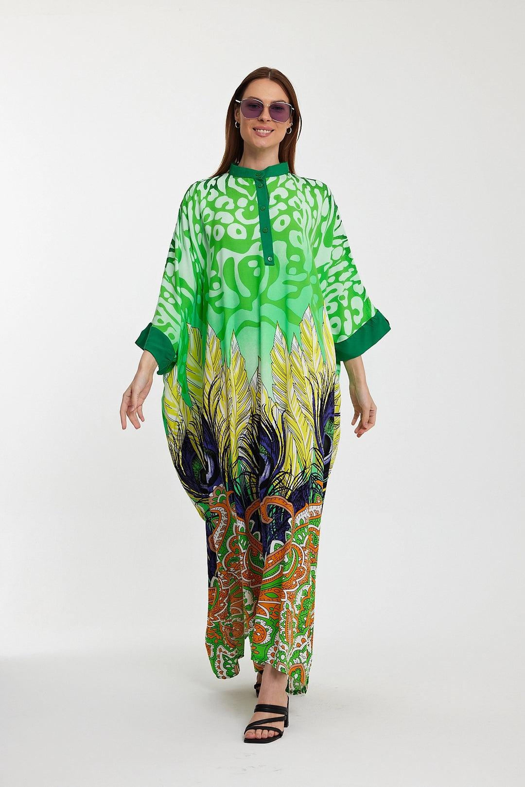 Maxi Boy Green Judge Collar Button Detailed Patterned Long Length Woven Dress BCVL-241037 - Mauldin