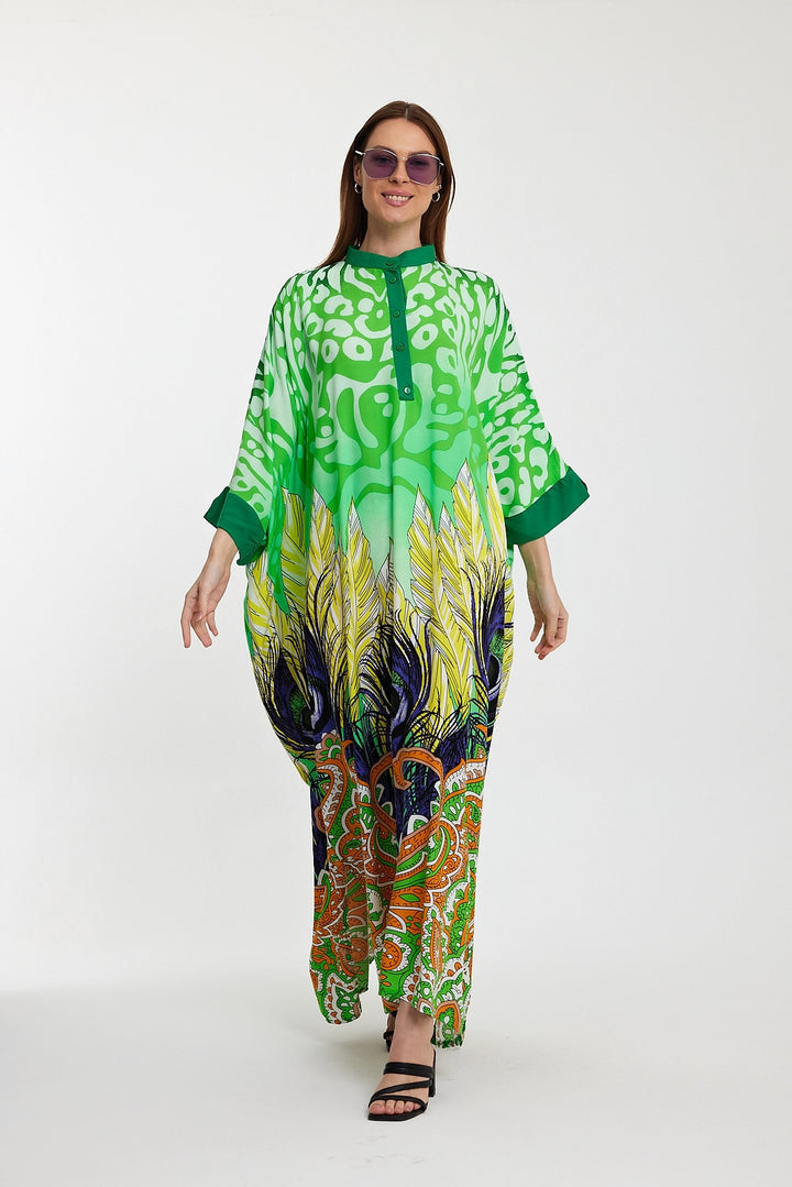 Maxi Boy Green Judge Collar Button Detailed Patterned Long Length Woven Dress BCVL-241037 - Mauldin