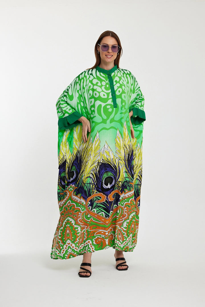 Maxi Boy Green Judge Collar Button Detailed Patterned Long Length Woven Dress BCVL-241037 - Mauldin