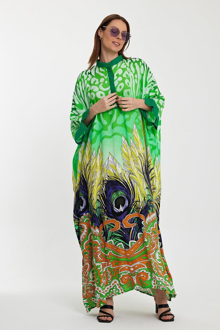 Maxi Boy Green Judge Collar Button Detailed Patterned Long Length Woven Dress BCVL-241037 - Mauldin