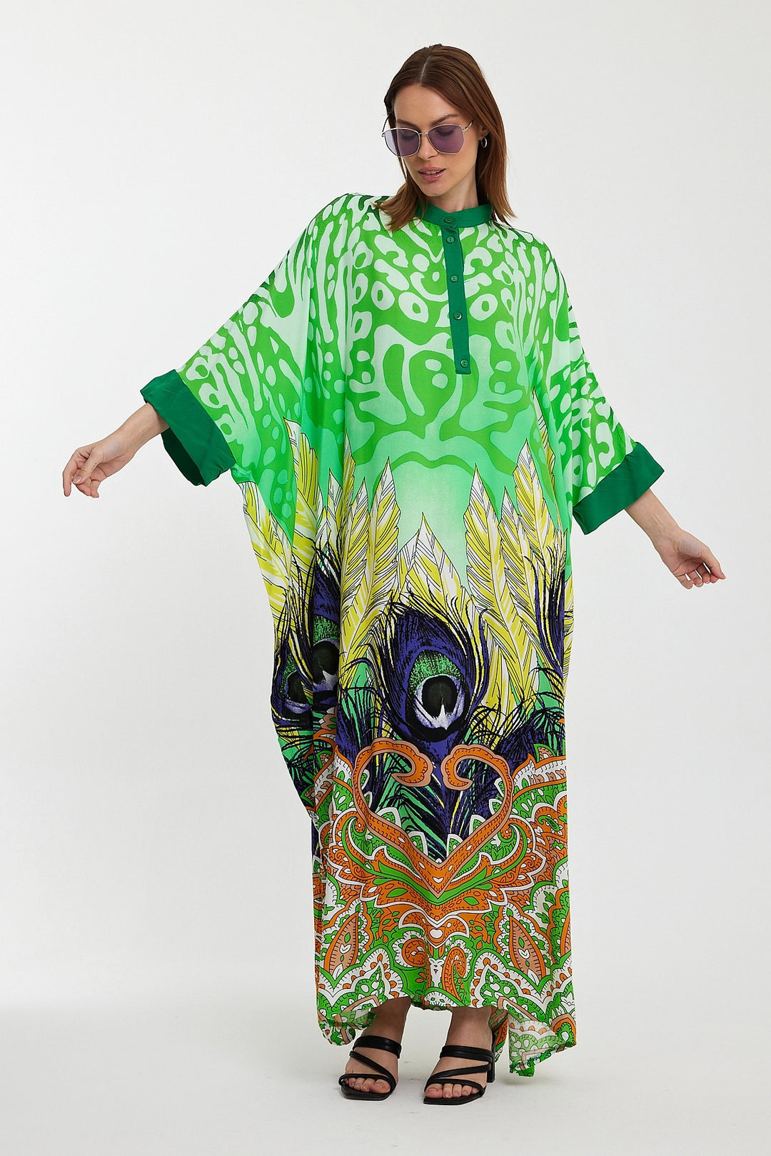 Maxi Boy Green Judge Collar Button Detailed Patterned Long Length Woven Dress BCVL-241037 - Mauldin