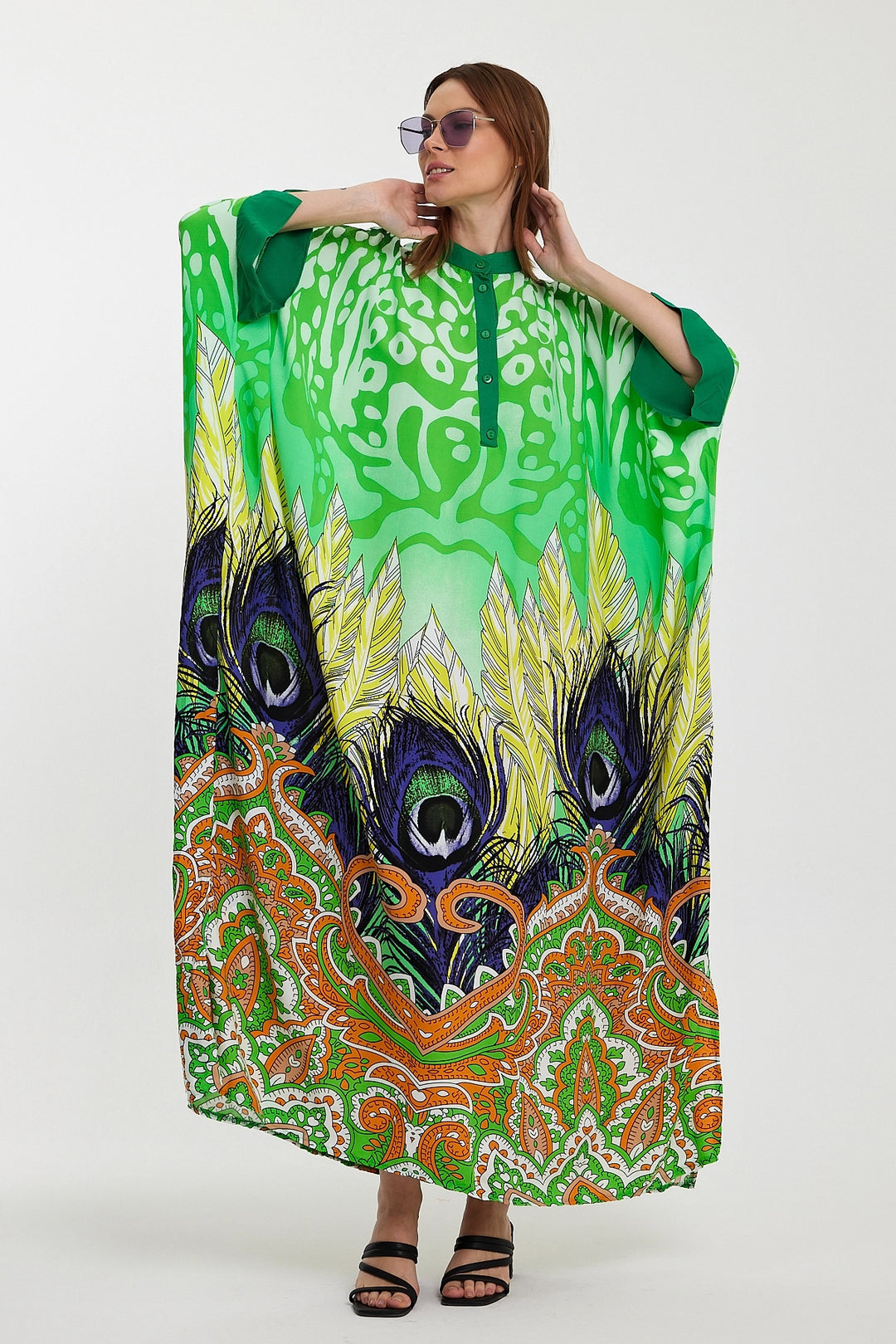 Maxi Boy Green Judge Collar Button Detailed Patterned Long Length Woven Dress BCVL-241037 - Mauldin