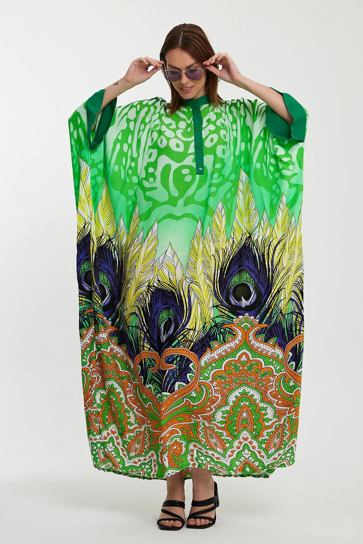 Maxi Boy Green Judge Collar Button Detailed Patterned Long Length Woven Dress BCVL-241037 - Mauldin