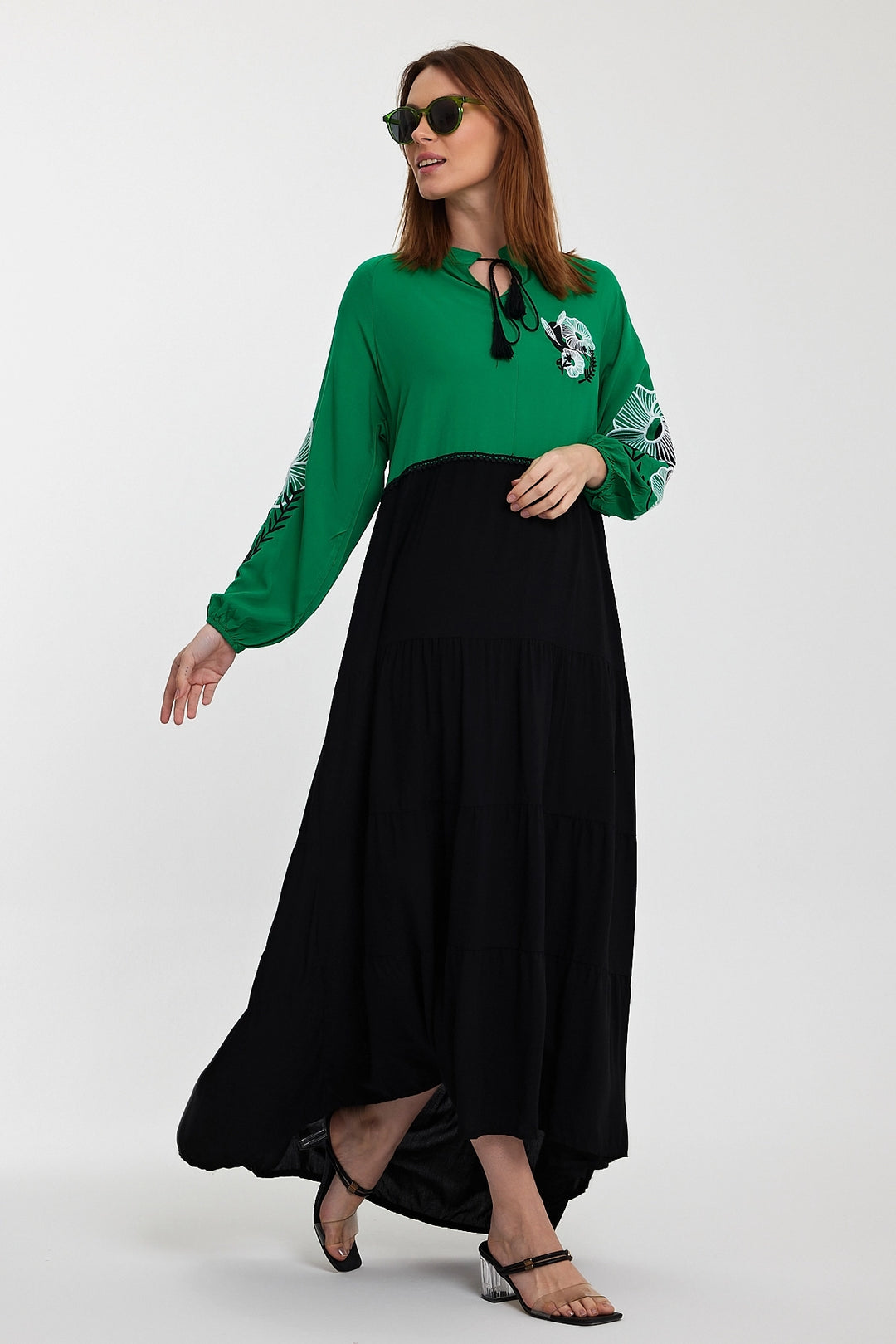 Maxi Boy Green Judge Collar Embroidered Color Block Long Shirt Dress BCVL-24996 - Strasbourg
