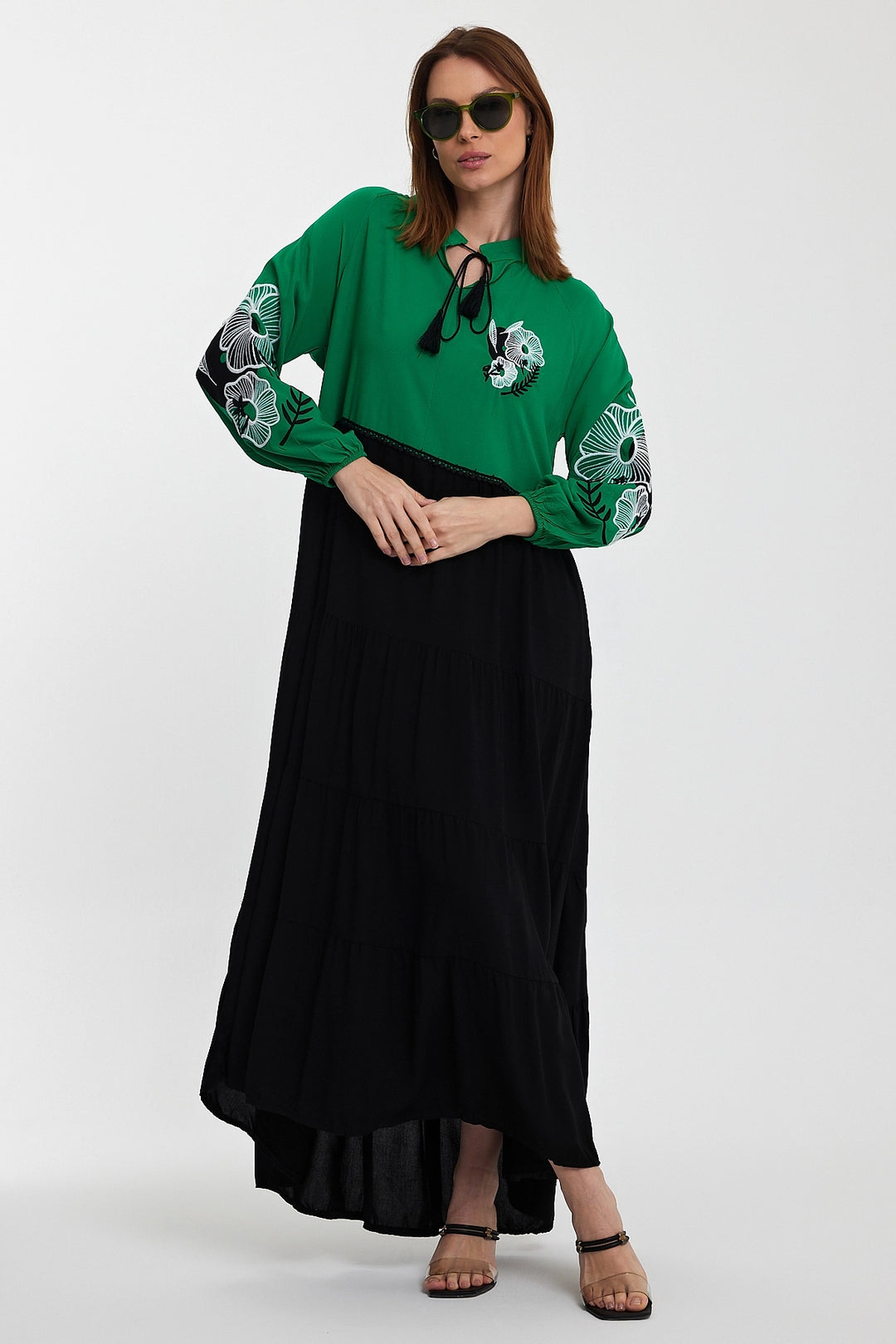 Maxi Boy Green Judge Collar Embroidered Color Block Long Shirt Dress BCVL-24996 - Strasbourg