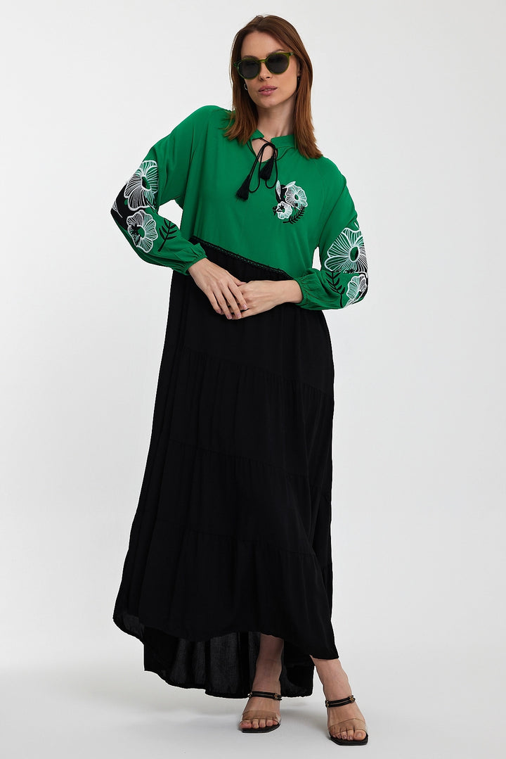 Maxi Boy Green Judge Collar Embroidered Color Block Long Shirt Dress BCVL-24996 - Strasbourg