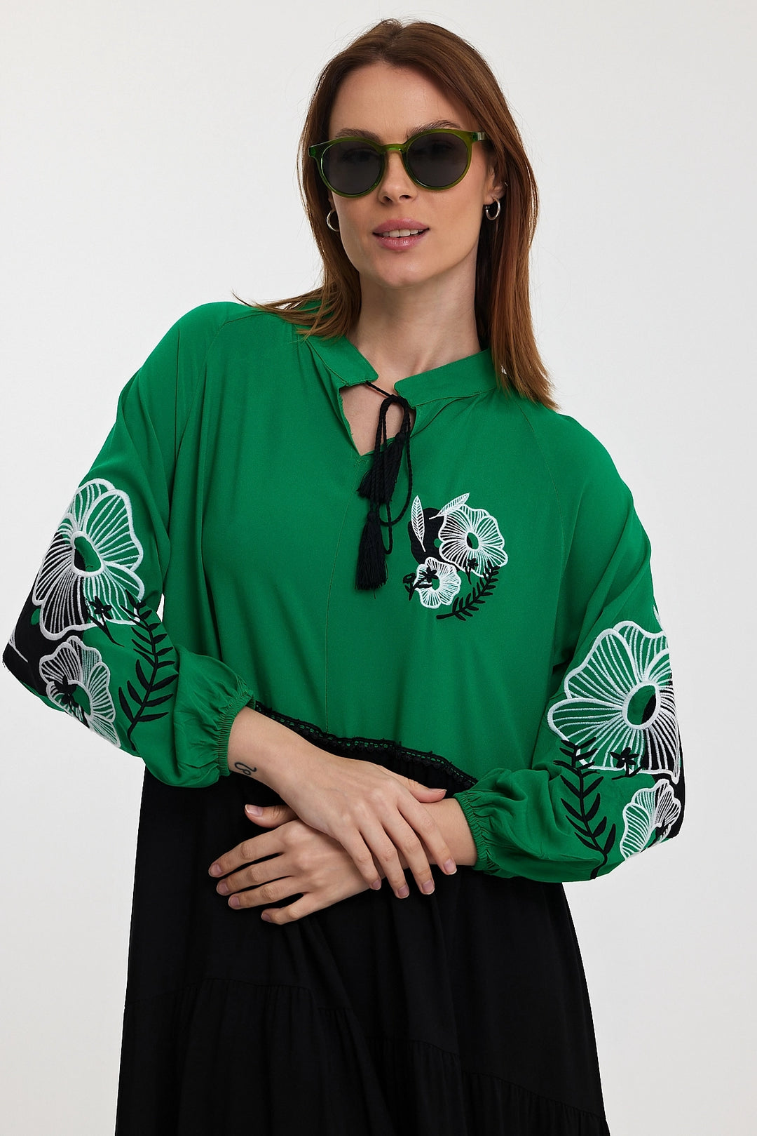 Maxi Boy Green Judge Collar Embroidered Color Block Long Shirt Dress BCVL-24996 - Strasbourg