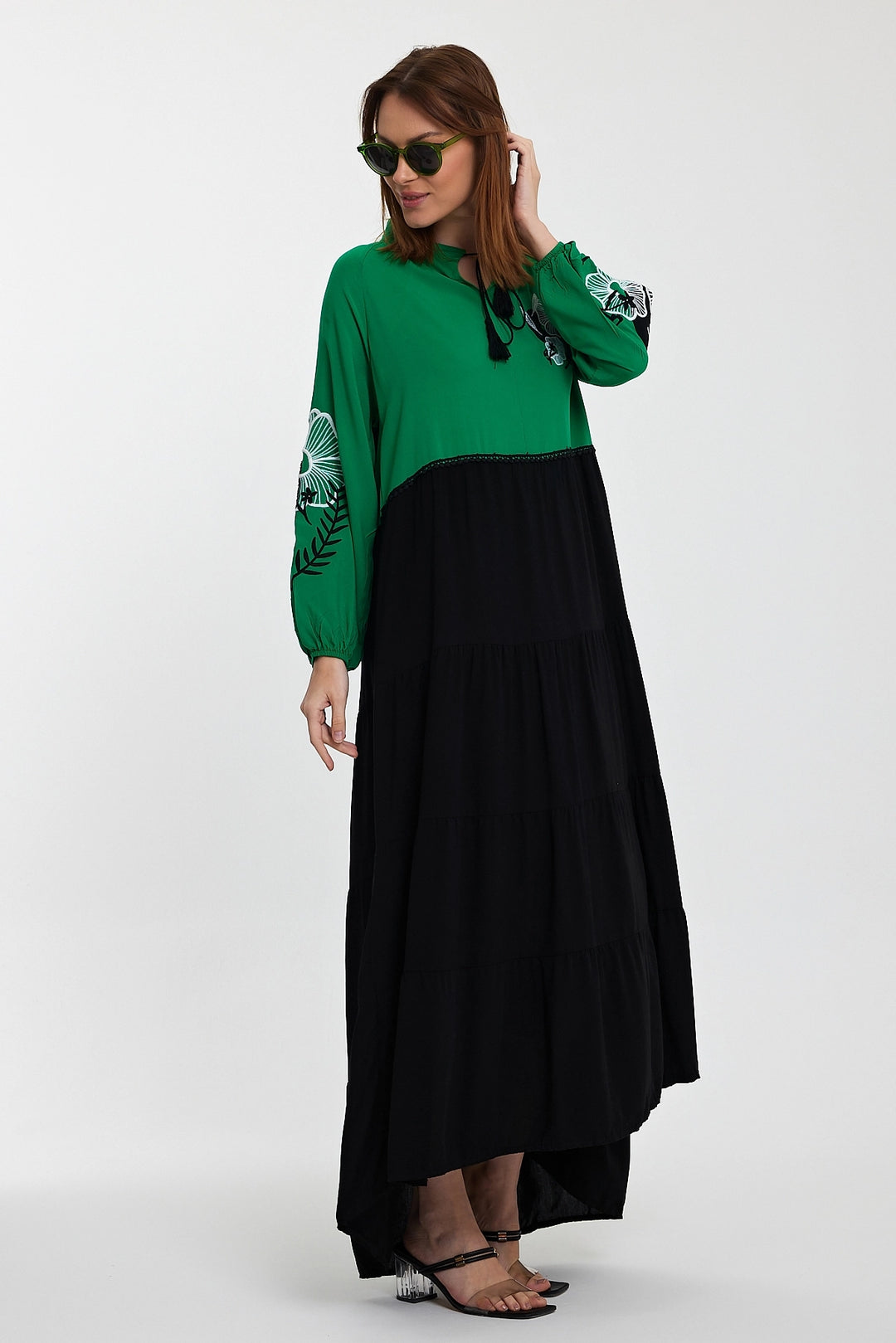 Maxi Boy Green Judge Collar Embroidered Color Block Long Shirt Dress BCVL-24996 - Strasbourg