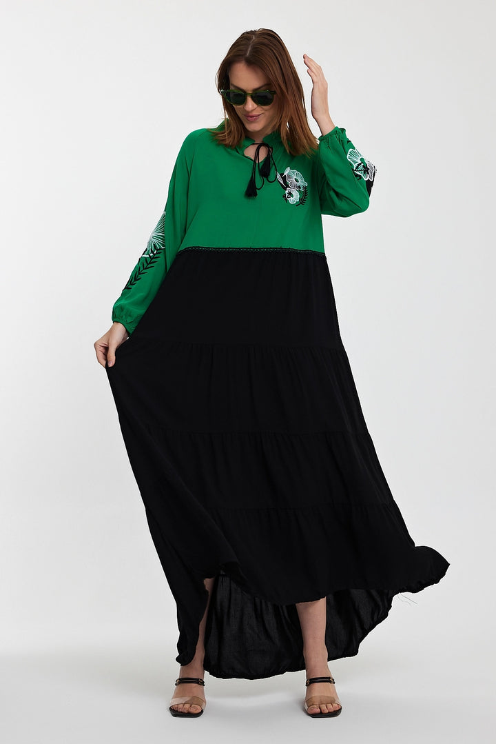 Maxi Boy Green Judge Collar Embroidered Color Block Long Shirt Dress BCVL-24996 - Strasbourg
