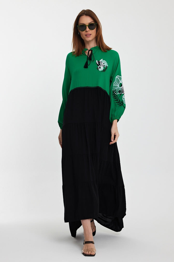 Maxi Boy Green Judge Collar Embroidered Color Block Long Shirt Dress BCVL-24996 - Strasbourg