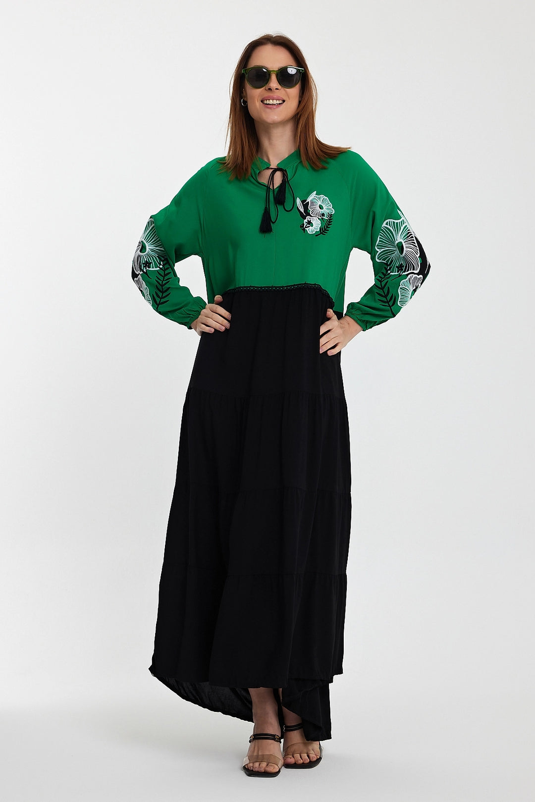 Maxi Boy Green Judge Collar Embroidered Color Block Long Shirt Dress BCVL-24996 - Strasbourg