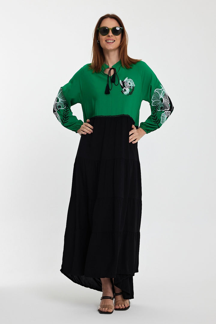 Maxi Boy Green Judge Collar Embroidered Color Block Long Shirt Dress BCVL-24996 - Strasbourg