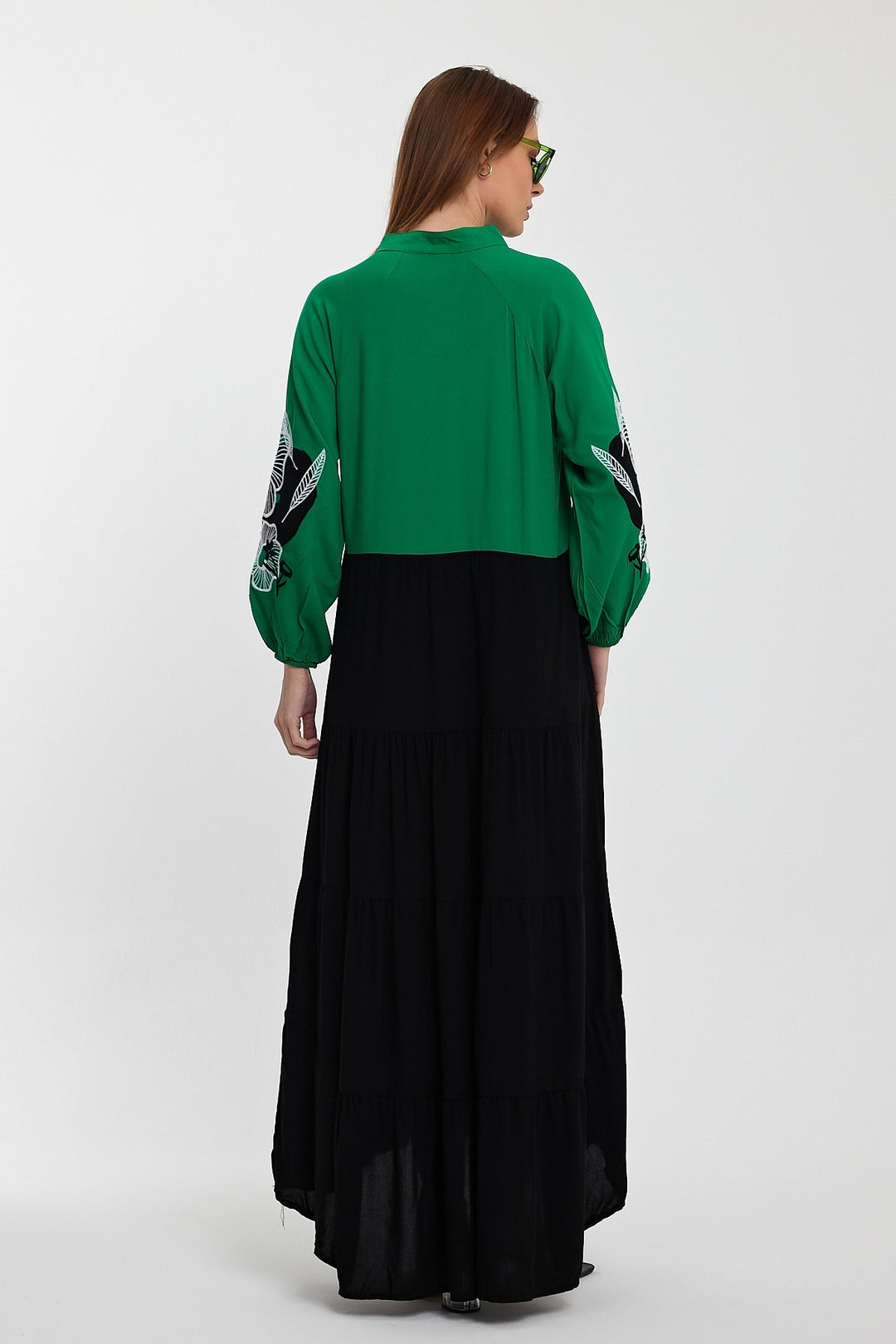 Maxi Boy Green Judge Collar Embroidered Color Block Long Shirt Dress BCVL-24996 - Strasbourg