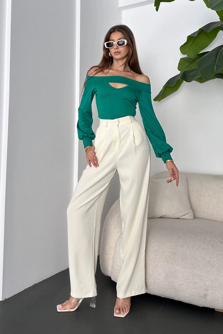 Green Boat Neck Blouse with Decollete Detail and Cuffed Sleeves BCDF-242110 - Alba Iulia