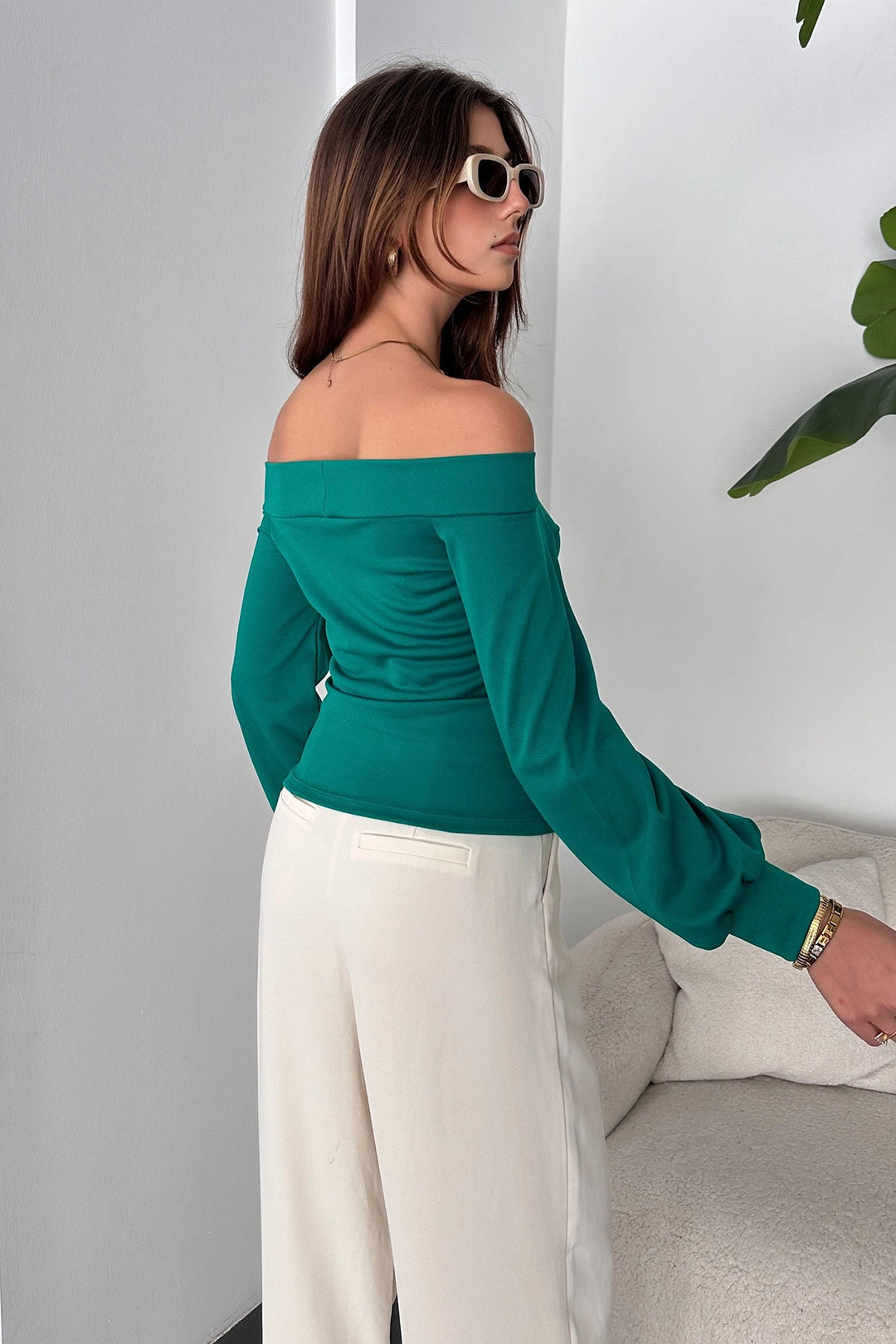 Green Boat Neck Blouse with Decollete Detail and Cuffed Sleeves BCDF-242110 - Alba Iulia
