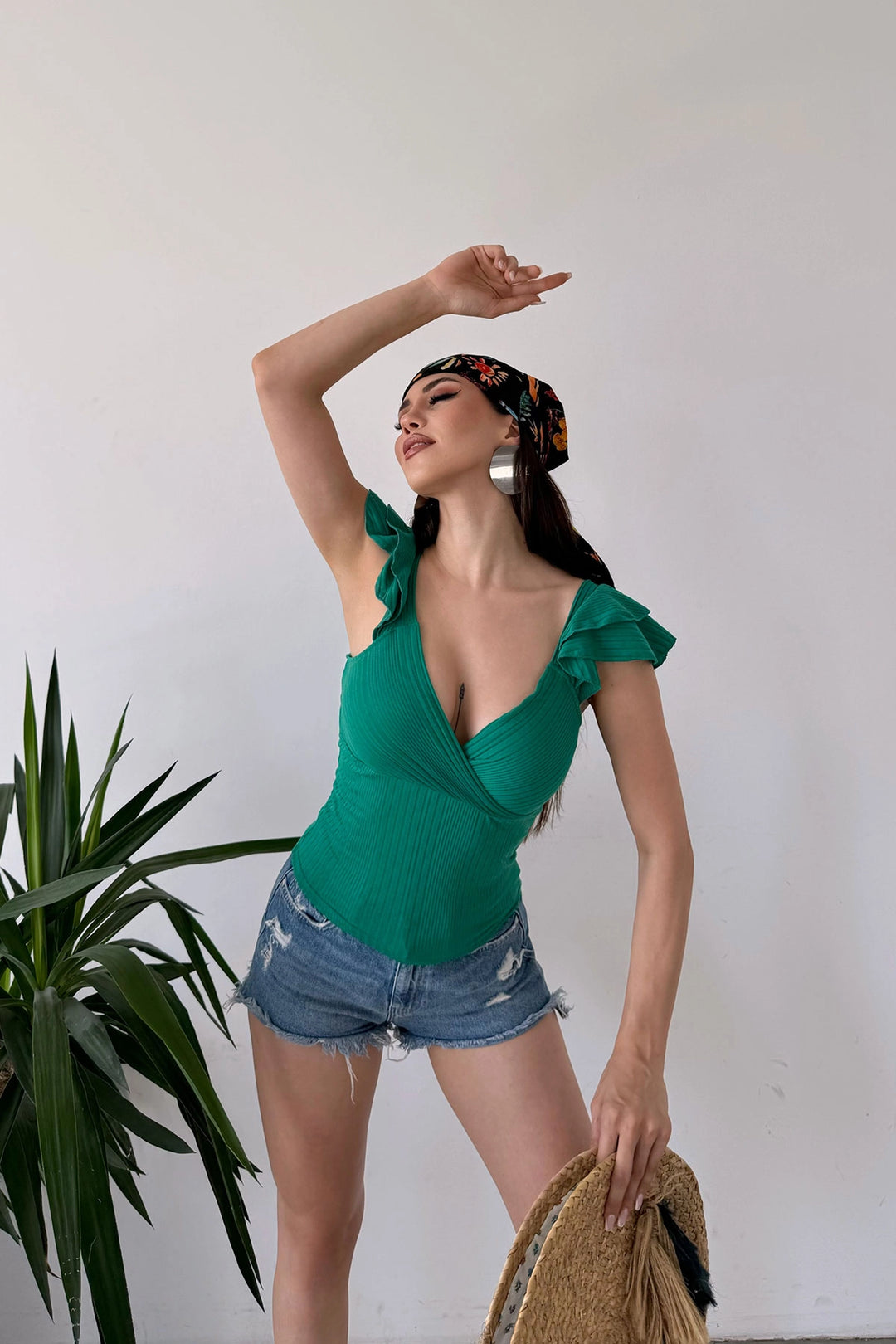 Green Wrap Neck Ruffled Shoulder Blouse BCDF-251091 - Krefeld