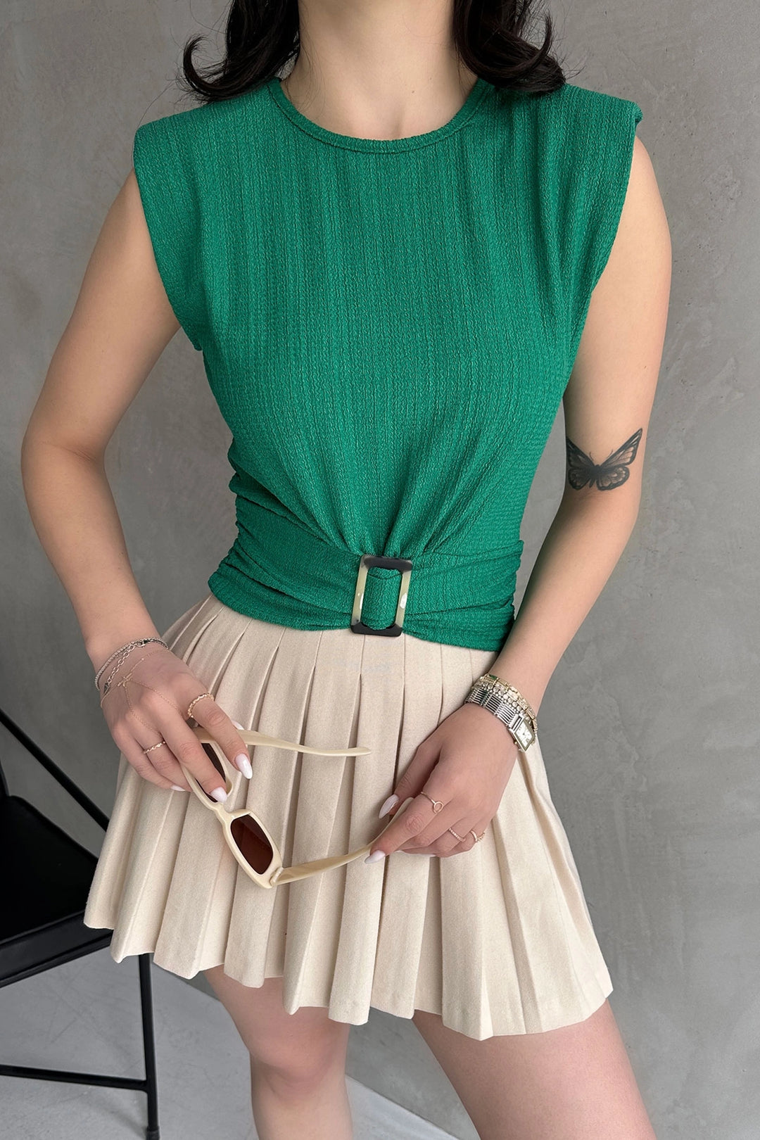 Green Padded Shoulder Belted Ruffled Blouse BCDF-252164 - Antony