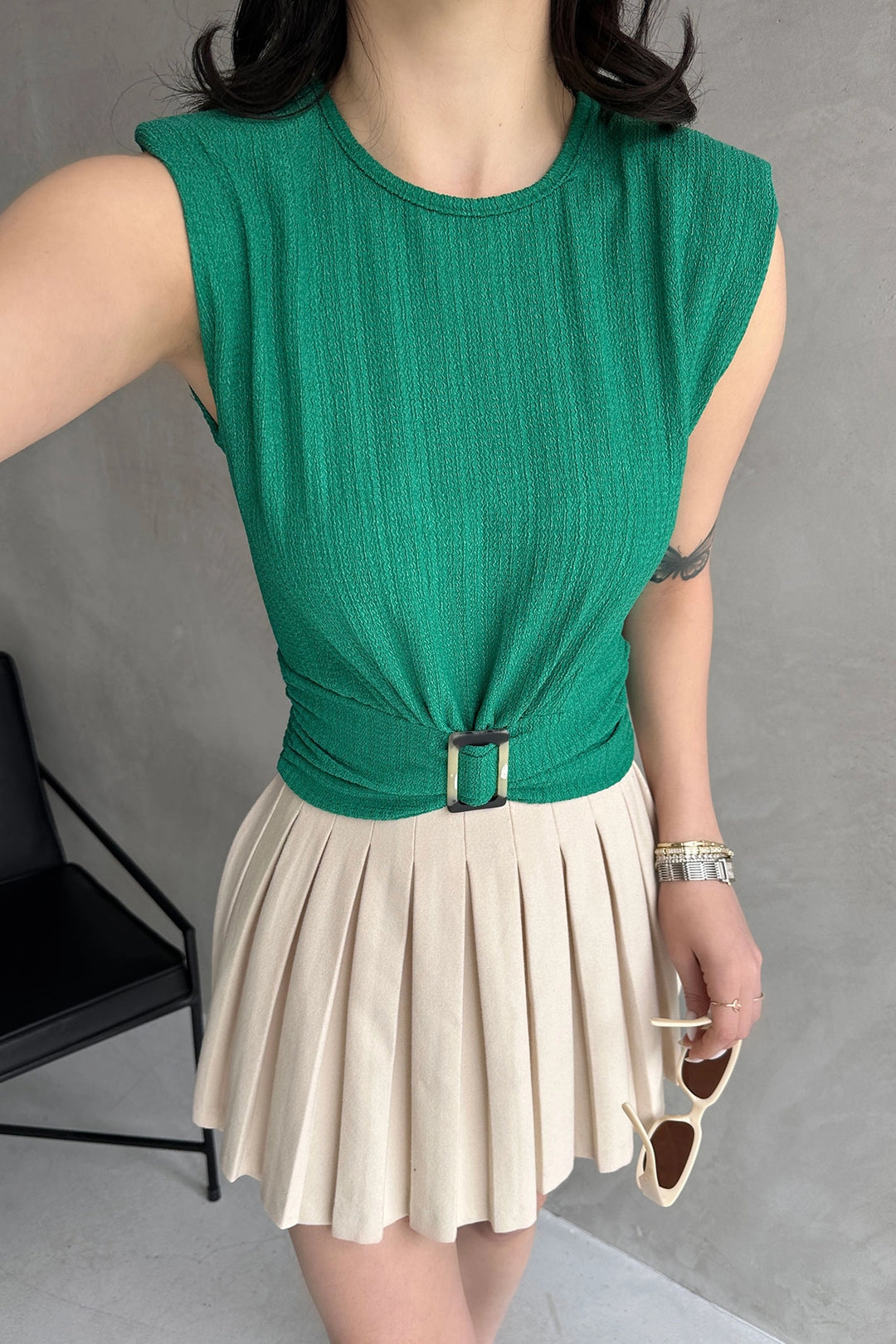 Green Padded Shoulder Belted Ruffled Blouse BCDF-252164 - Antony