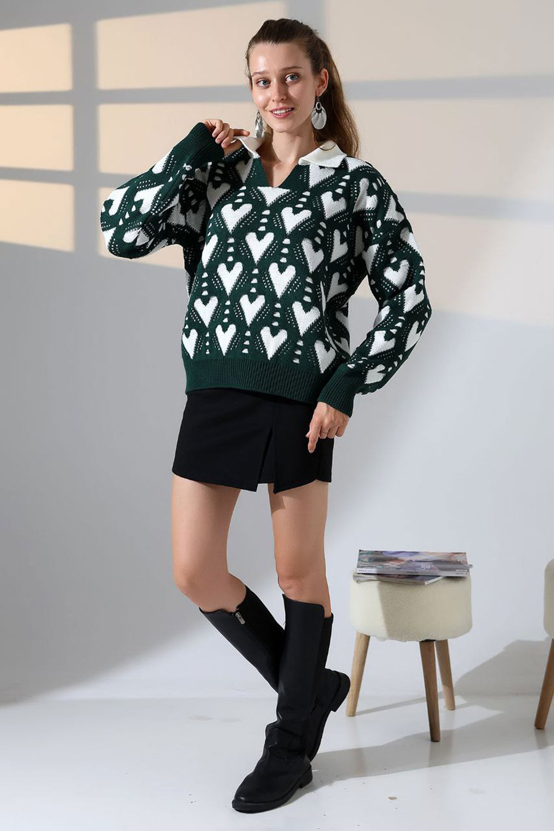 Green Polo Neck Heart Patterned Sweater BCES-252026 - The Hammocks