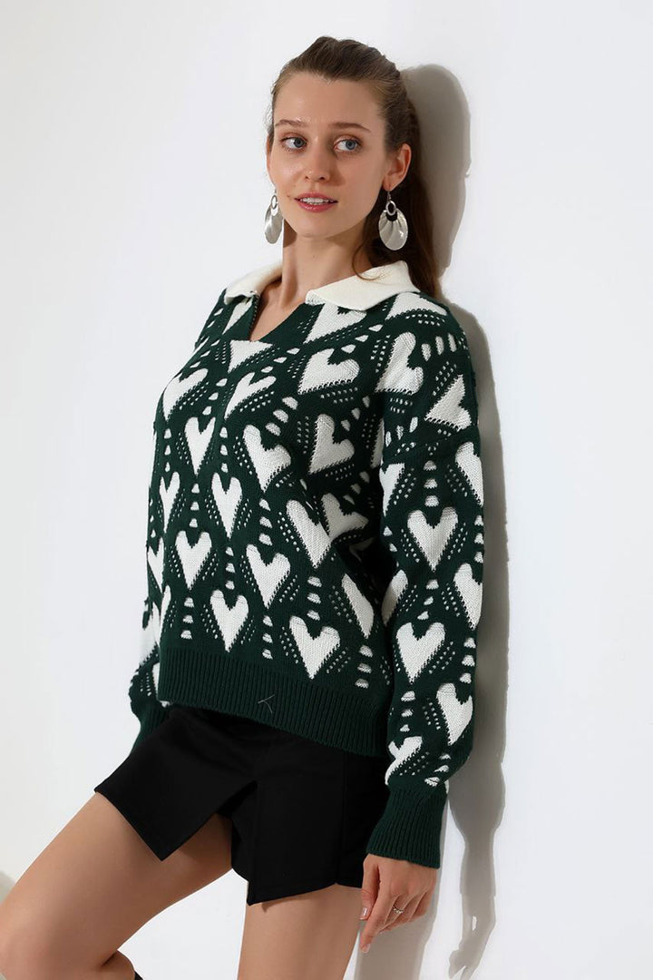 Green Polo Neck Heart Patterned Sweater BCES-252026 - The Hammocks