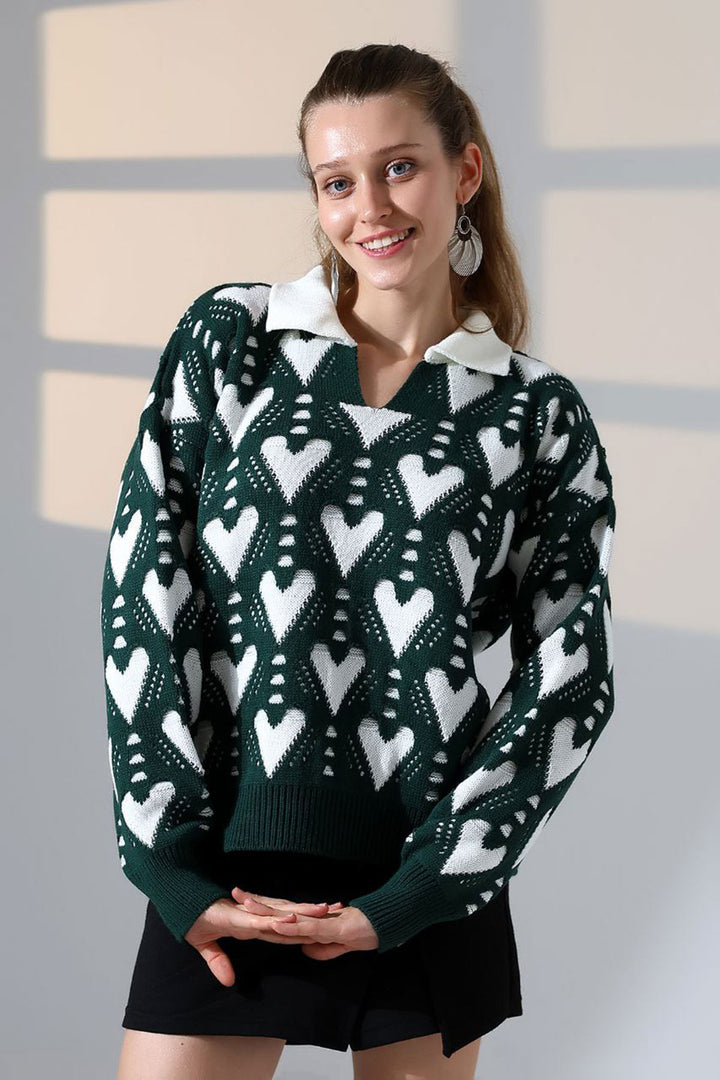 Green Polo Neck Heart Patterned Sweater BCES-252026 - The Hammocks