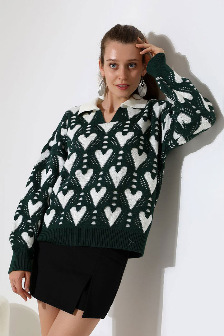 Green Polo Neck Heart Patterned Sweater BCES-252026 - The Hammocks