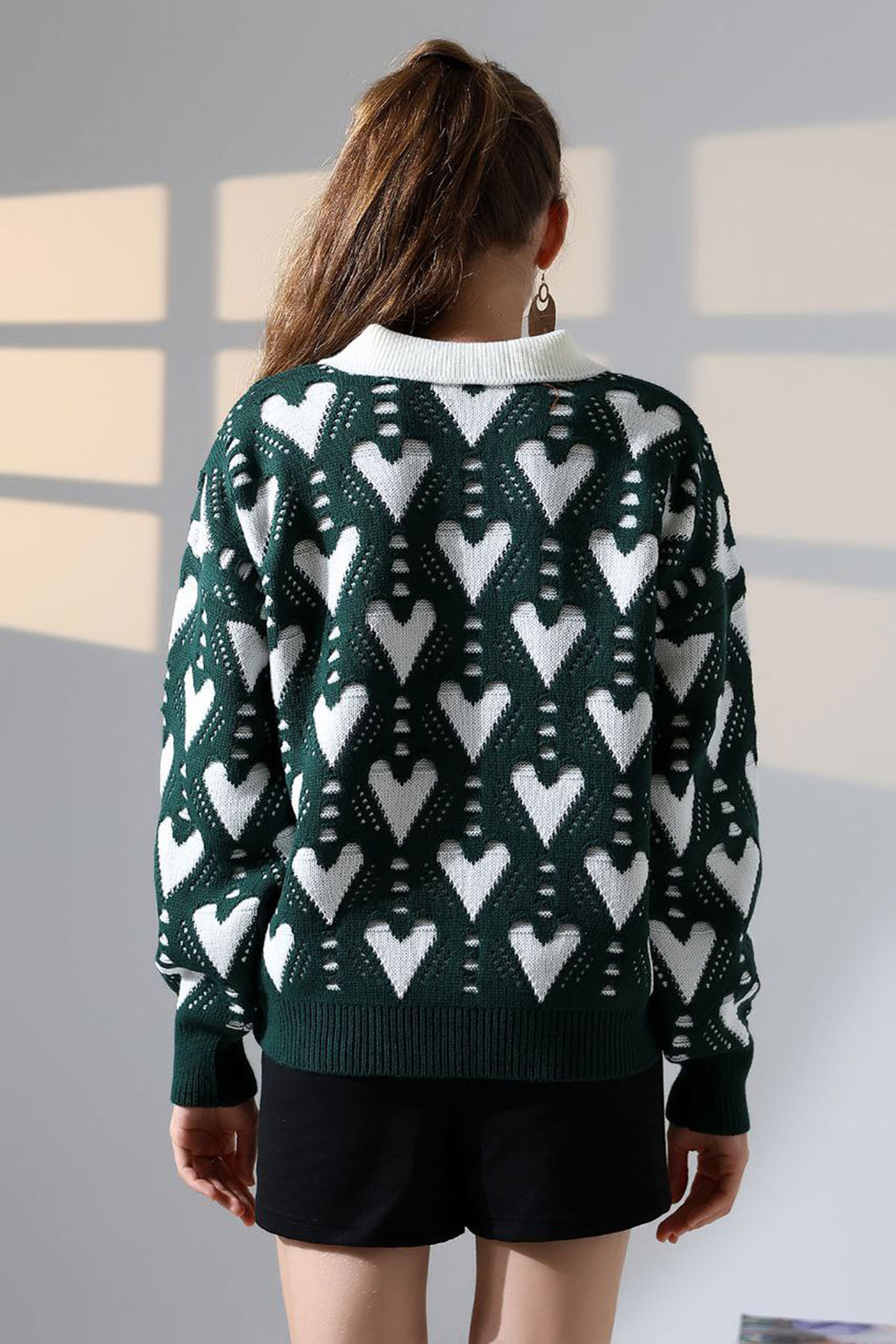 Green Polo Neck Heart Patterned Sweater BCES-252026 - The Hammocks