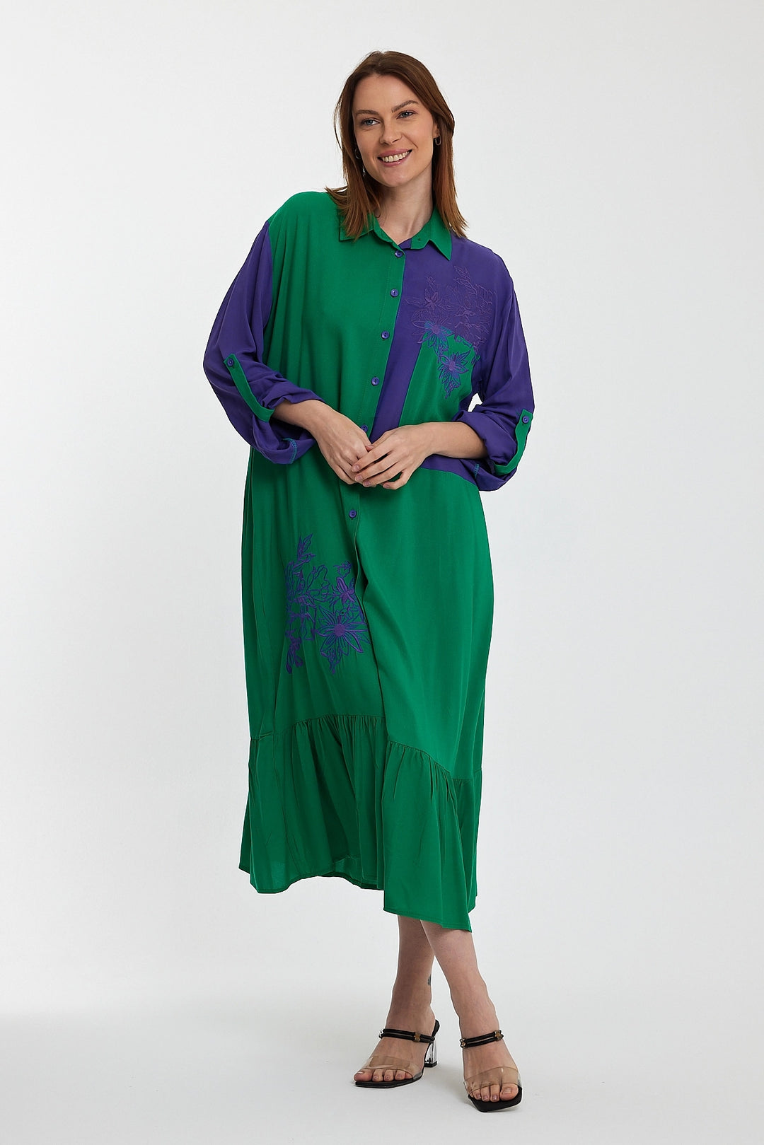 Maxi Boy Green Color Block Embroidered Long Woven Shirt Dress BCVL-241000 - Euless