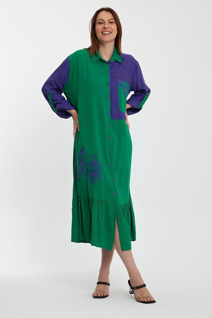 Maxi Boy Green Color Block Embroidered Long Woven Shirt Dress BCVL-241000 - Euless