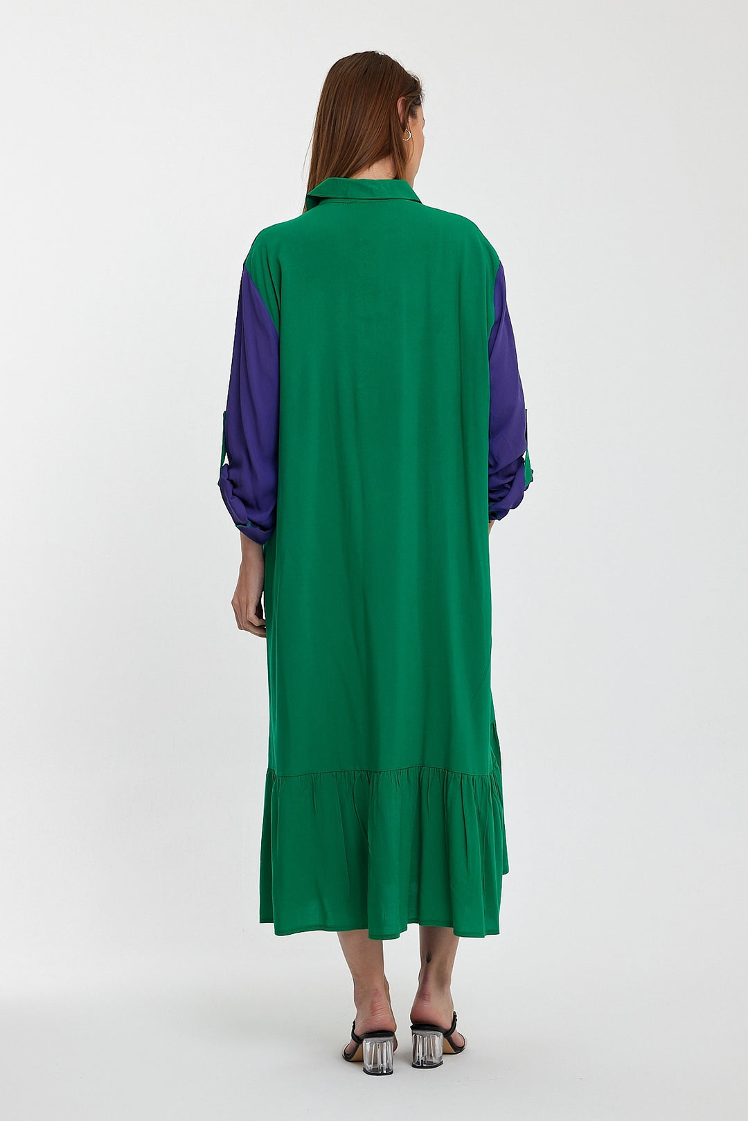 Maxi Boy Green Color Block Embroidered Long Woven Shirt Dress BCVL-241000 - Euless