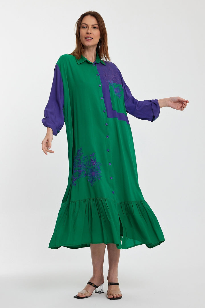 Maxi Boy Green Color Block Embroidered Long Woven Shirt Dress BCVL-241000 - Euless