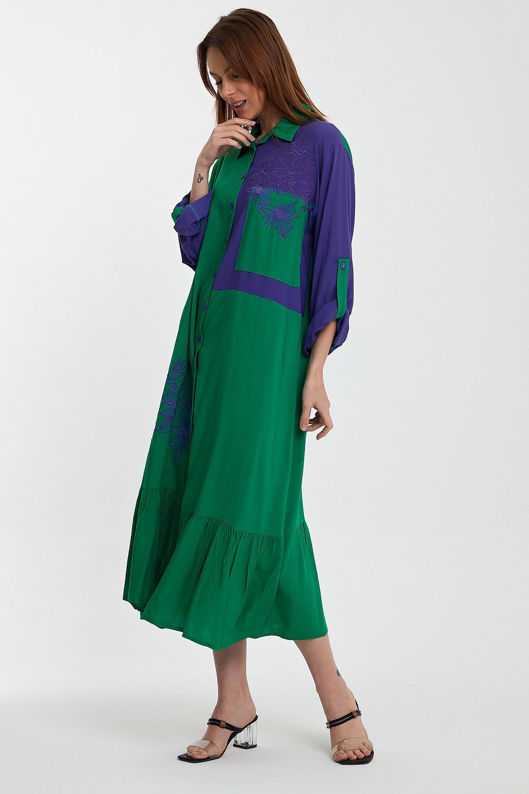 Maxi Boy Green Color Block Embroidered Long Woven Shirt Dress BCVL-241000 - Euless