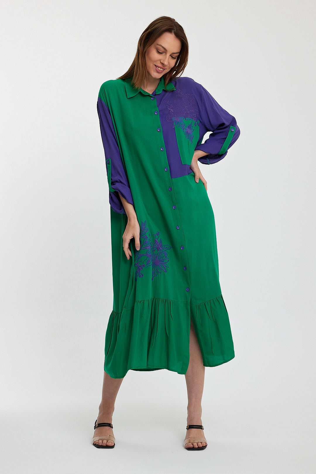 Maxi Boy Green Color Block Embroidered Long Woven Shirt Dress BCVL-241000 - Euless