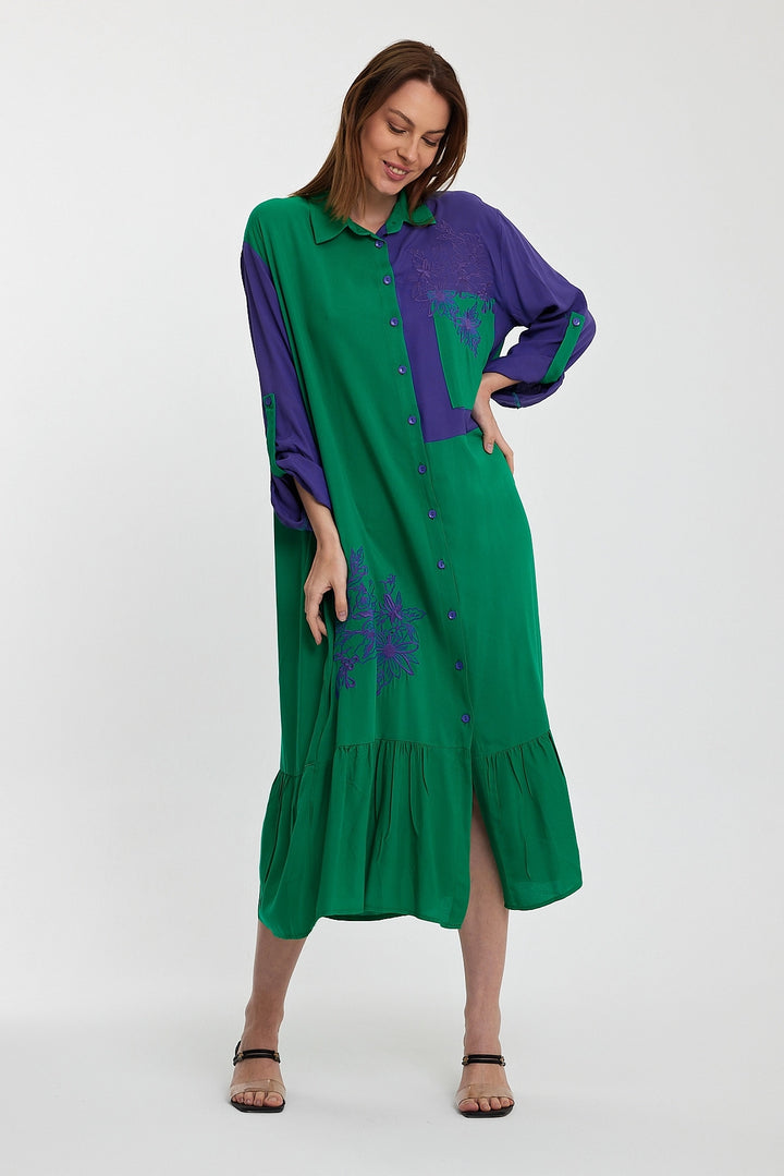 Maxi Boy Green Color Block Embroidered Long Woven Shirt Dress BCVL-241000 - Euless