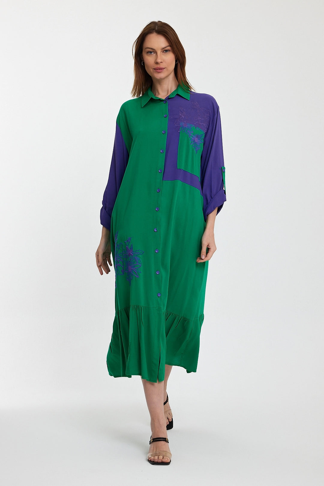 Maxi Boy Green Color Block Embroidered Long Woven Shirt Dress BCVL-241000 - Euless