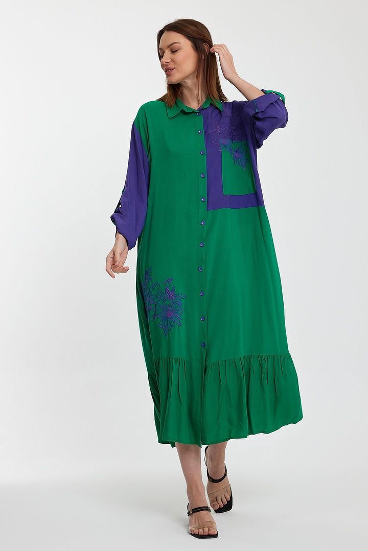 Maxi Boy Green Color Block Embroidered Long Woven Shirt Dress BCVL-241000 - Euless