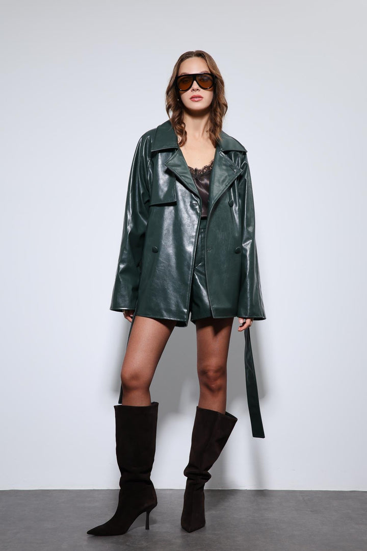 ANT Antioch Green Faux Leather Belted Trench Coat - Acireale