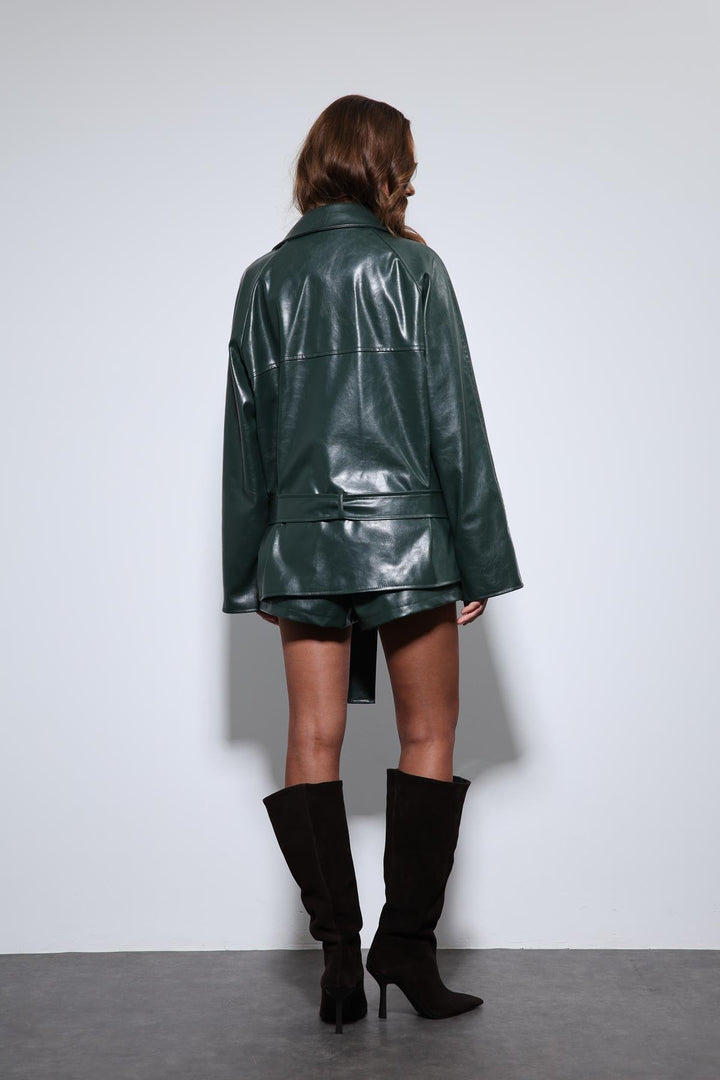 ANT Antioch Green Faux Leather Belted Trench Coat - Acireale