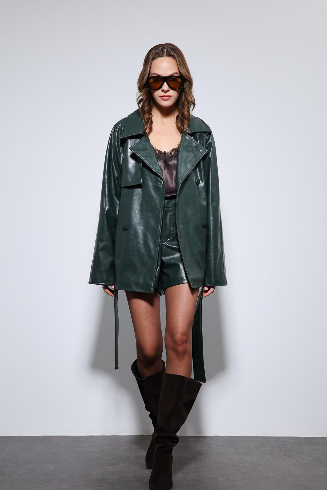 ANT Antioch Green Faux Leather Belted Trench Coat - Acireale