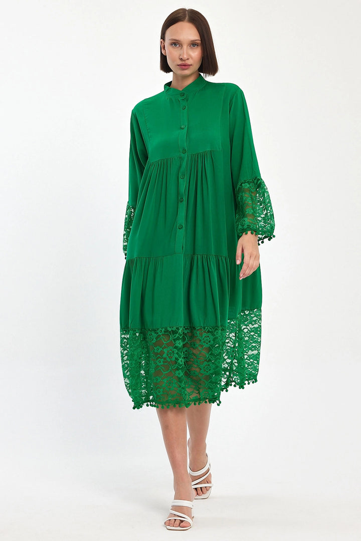 Maxi Boy Green Tulle Detailed Long Woven Viscose Dress BCVL-25983 - Coesfeld