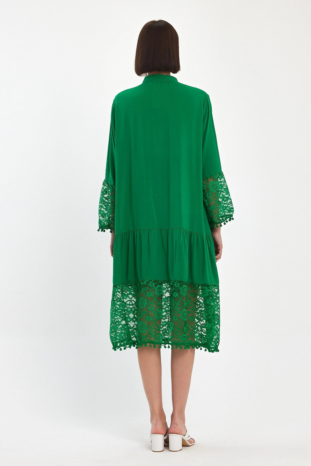 Maxi Boy Green Tulle Detailed Long Woven Viscose Dress BCVL-25983 - Coesfeld