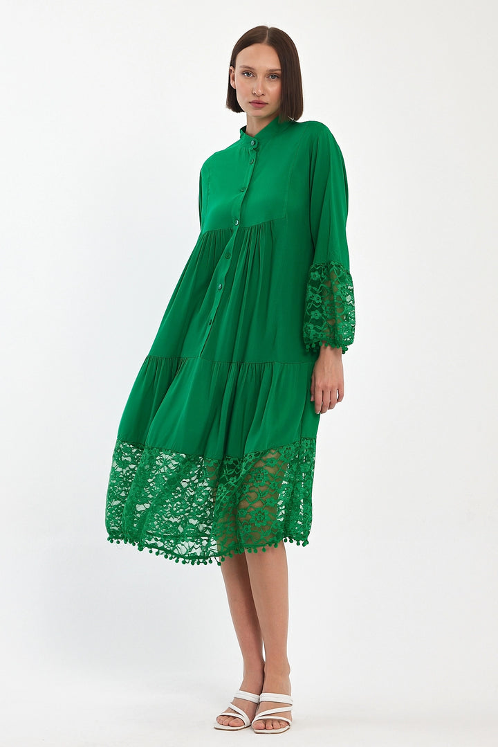 Maxi Boy Green Tulle Detailed Long Woven Viscose Dress BCVL-25983 - Coesfeld