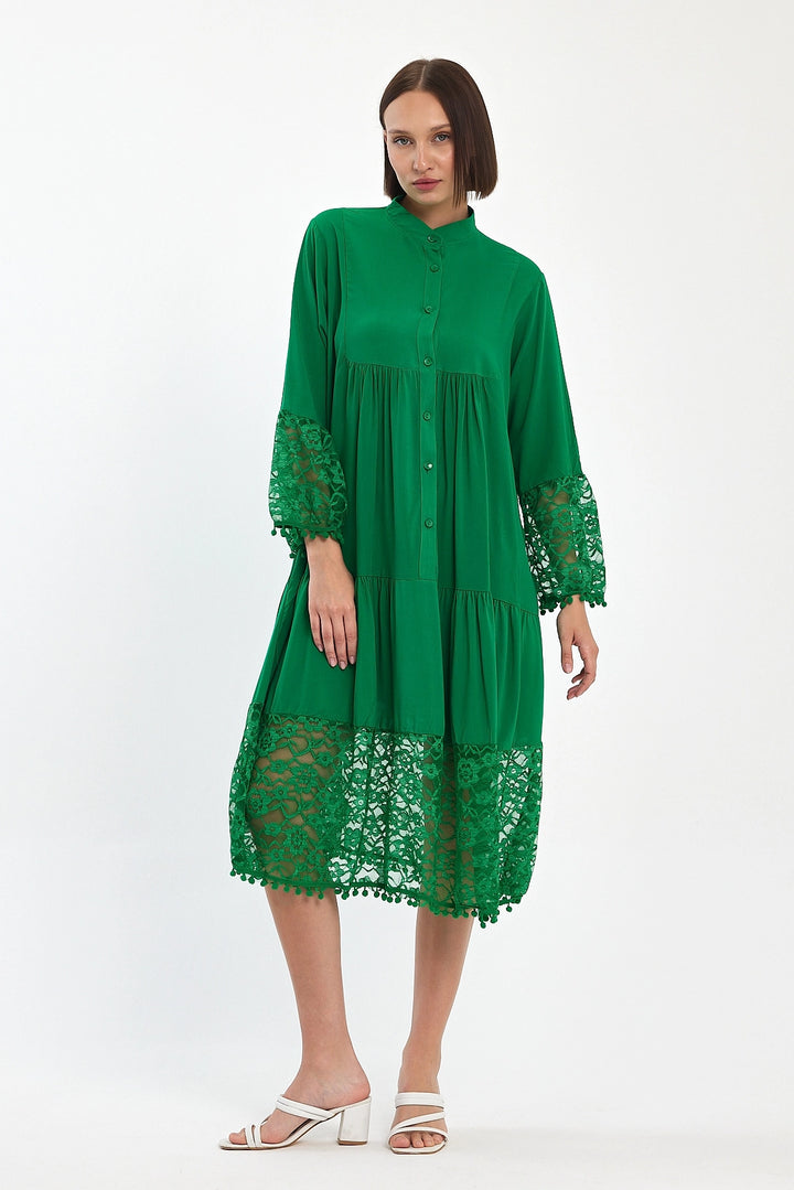 Maxi Boy Green Tulle Detailed Long Woven Viscose Dress BCVL-25983 - Coesfeld