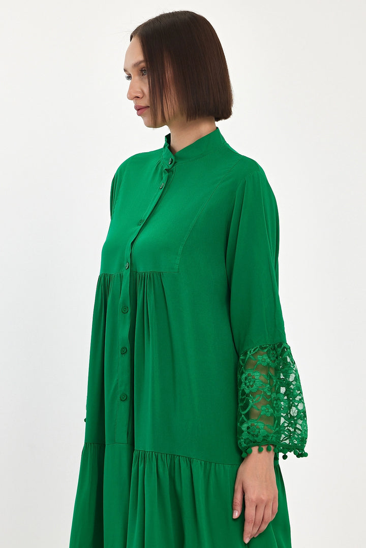 Maxi Boy Green Tulle Detailed Long Woven Viscose Dress BCVL-25983 - Coesfeld
